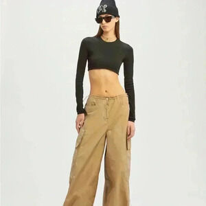 NWT PALM ANGELS FITTED RIBBED LONG SLEEVE CROPPED RIBBED T-SHIRT TEE BLACK L